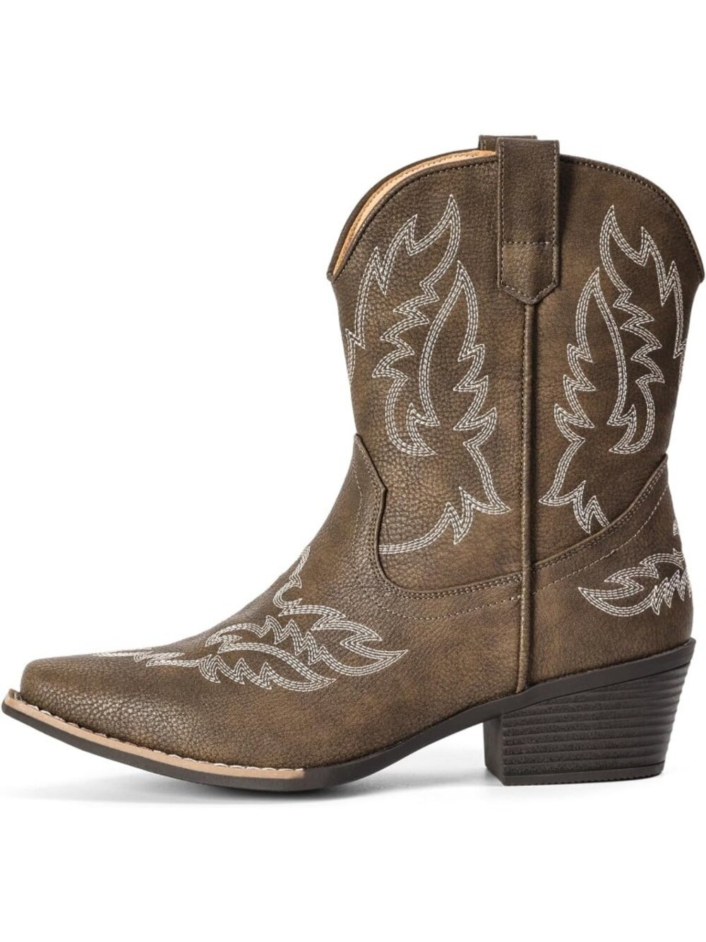 Women's Taupe Ankle Cowgirl Boots Mid Calf Snip Toe Chunky Heel Short Booties - Picture 5 of 5
